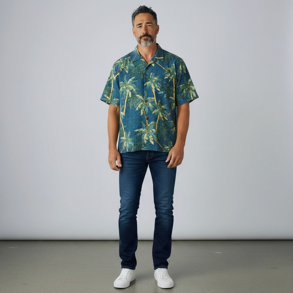 Reyn Spooner Hawaiian Shirt Large Blue Palm Tree Rayon Short Sleeve Button Down
